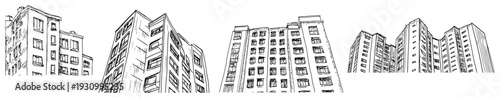 Collection of high rise apartment buildings and urban residential blocks architectural sketches