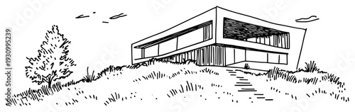 Minimalist modern house sketch situated on a grassy hill under a clear sky