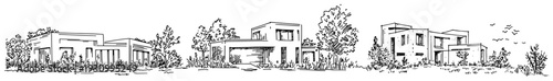 Set of hand drawn sketches featuring modern minimalist houses and cubic architecture