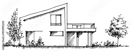 Architectural hand drawn sketch of a modern two story house with terrace and trees