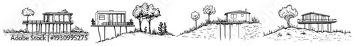 Hand drawn sketches of small modern cabins and modular houses on stilts in nature