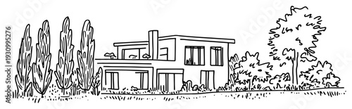 Modern luxury villa architectural sketch with flat roof and tall cypress trees