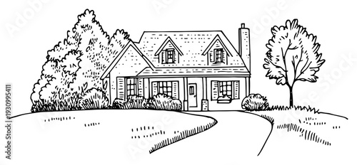 Hand drawn illustration of a cozy traditional cottage with a path and garden