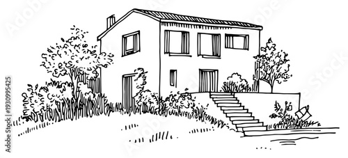 Modern two story residential building sketch with an outdoor staircase and garden