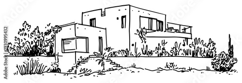 Architectural sketch of a modern minimalist luxury villa with terraces and flat roof