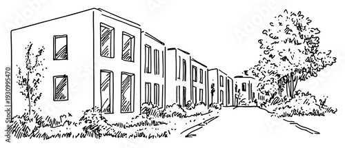 Modern minimalist residential row house street perspective sketch with trees