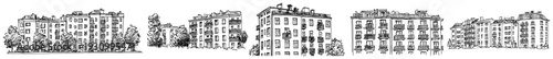 Collection of five modern residential apartment block sketches for urban housing