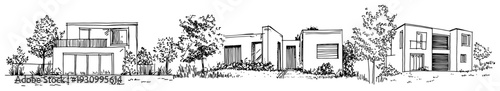 Collection of three modern minimalist villa sketches with luxury architectural design