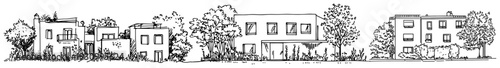 Set of diverse modern residential building sketches in a landscaped neighborhood