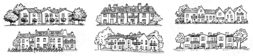 Set of traditional suburban row house sketches and townhouse architecture collection