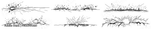 Intense ground explosion and earth crack effect sketches for comic book art