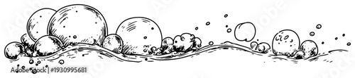 Hand drawn sketch of round bubbles floating on a wavy water surface