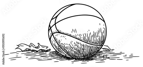 Hand drawn sketch of a single basketball resting on the ground with fallen leaves
