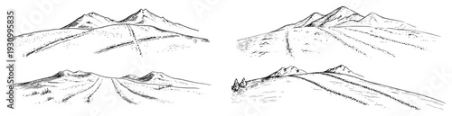 Collection of minimalist mountain landscape sketches showing mountain peaks and hiking trails
