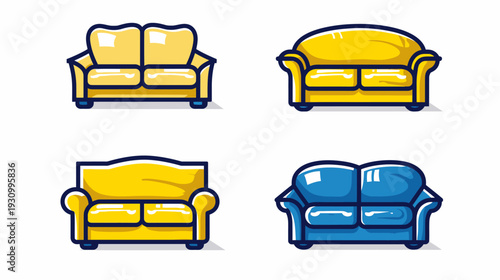 Four stylized cartoon sofas in yellow and blue, each with distinct designs and contrasting outlines
