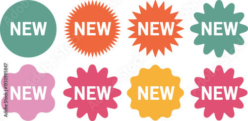 Set of 8 colorful 'NEW' product badge vector labels