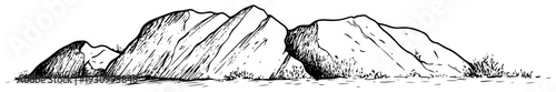 Detailed hand drawn sketch of large rock formations and rugged mountain cliffs