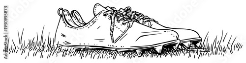 Hand drawn sketch of athletic sports cleats resting on a grassy field
