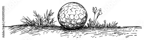 Hand drawn illustration of a golf ball sitting in a grass fairway