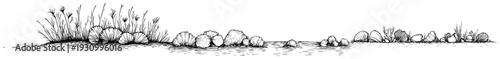 Horizontal landscape sketch showing grass patches and small stones on the ground