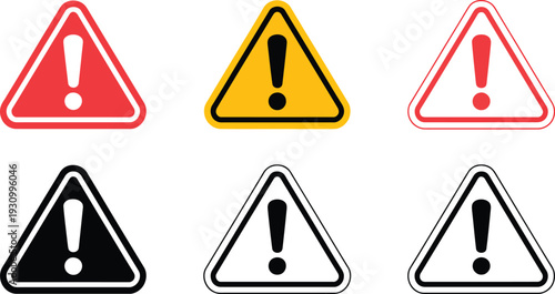 Set of 6 Danger Warning Exclamation Mark Triangle Icons Vector
