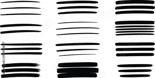 Set of 9 black underline brush strokes vector