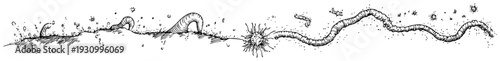 Detailed hand drawn sketch of earthworms crawling along a terrain with organic bubbles and particles