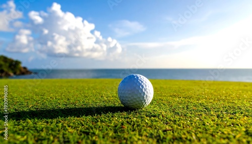 Golf ball resting on lush green grass near the ocean.