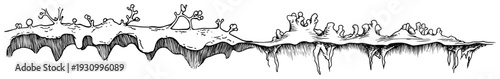 Hand drawn sketch of an organic terrain edge with hanging icicles and small sprouting moss growth