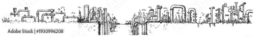 Panoramic architectural sketch of industrial pipeline system with pipes and valves