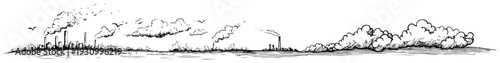 Wide panoramic hand drawn sketch of industrial factory district with smoking chimneys