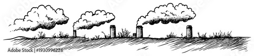 Hand drawn illustration of industrial smokestacks emitting thick smoke in a field
