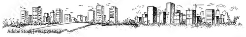Modern urban city skyline sketch featuring office buildings and skyscrapers