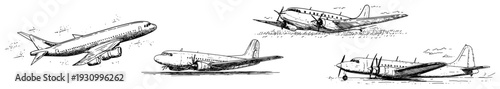 Collection of hand drawn airplane sketches including jetliners and propeller planes
