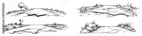 Hand drawn sketches showing cracked ground surfaces and broken asphalt roads