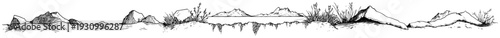 Long panoramic architectural sketch of a rocky landscape with stones and sparse vegetation