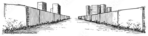 Perspective architectural sketch of a path between high concrete walls leading to city towers