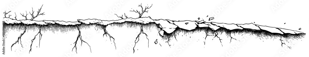 Obraz premium Detailed hand drawn sketch of a cross section showing cracked dry earth and deep roots