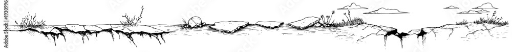 Obraz premium Minimalist panoramic sketch of a rocky horizon with cracked earth and small desert plants