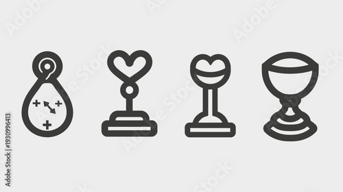 Stylized icons with black outlines, each against a soft gray background, four different figures