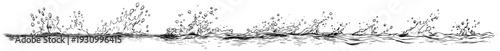 Horizontal hand drawn sketch of multiple water splashes and ripples on a fluid surface