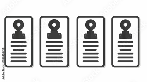Four identical black and white ID cards with clip-like holders and horizontal lines