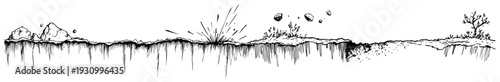 Hand drawn sketch showing a powerful earth explosion with flying stones and debris from the ground
