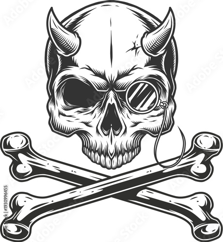 Horned Skull With Monocle And Crossbones Vintage Gothic Tattoo
Devil Skull With Crossed Bones And Monocle Dark Engraving Illustration
Demonic Skull Crossbones Gothic Tattoo Style Black And White Art