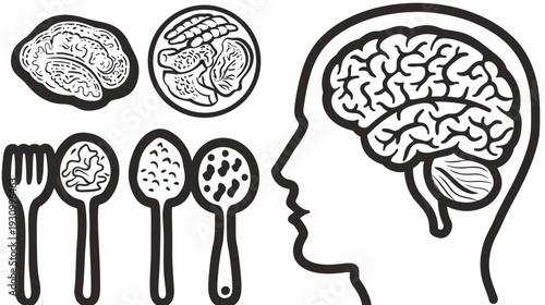 A black and white illustration depicts food, utensils, and a human head with a brain