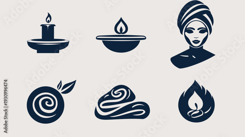 Set of graphic elements. Candles, face with towel, citrus and towel roll icons, all in dark blue