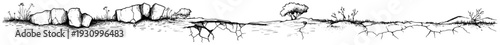 Hand drawn panoramic sketch of cracked dry earth and sparse ground vegetation