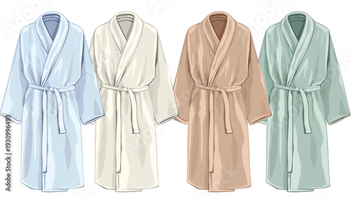 Illustration of four bathrobes in different pastel colors. Each with a belt, collar, and sleeves