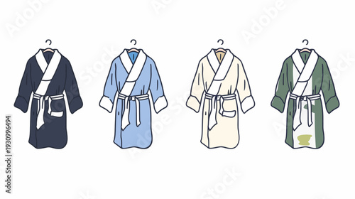 Four bathrobes of different colors hanging on hangers against a white background