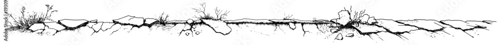 Obraz premium Horizontal border of dry cracked ground with tiny wild plants sketch
